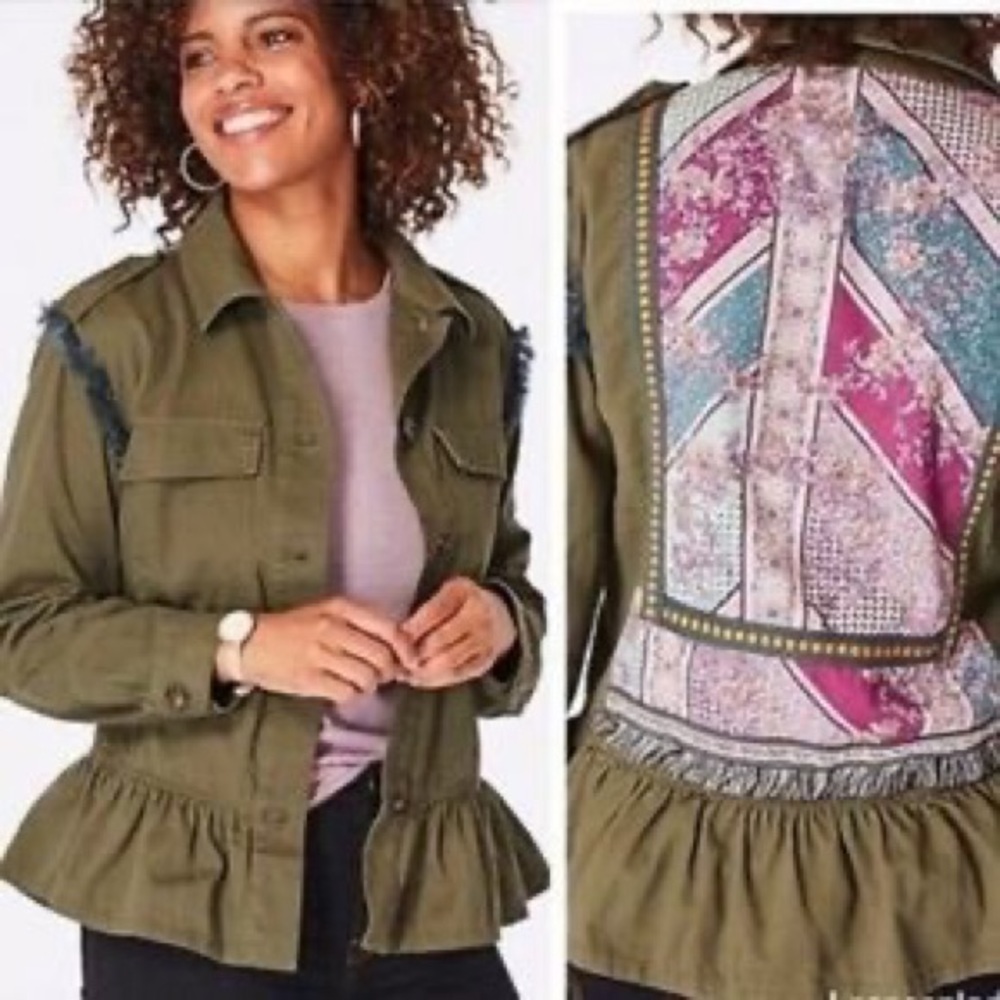 Matilda Jane Olive Utility Jacket with Pink & Blue Embellished Back Panel